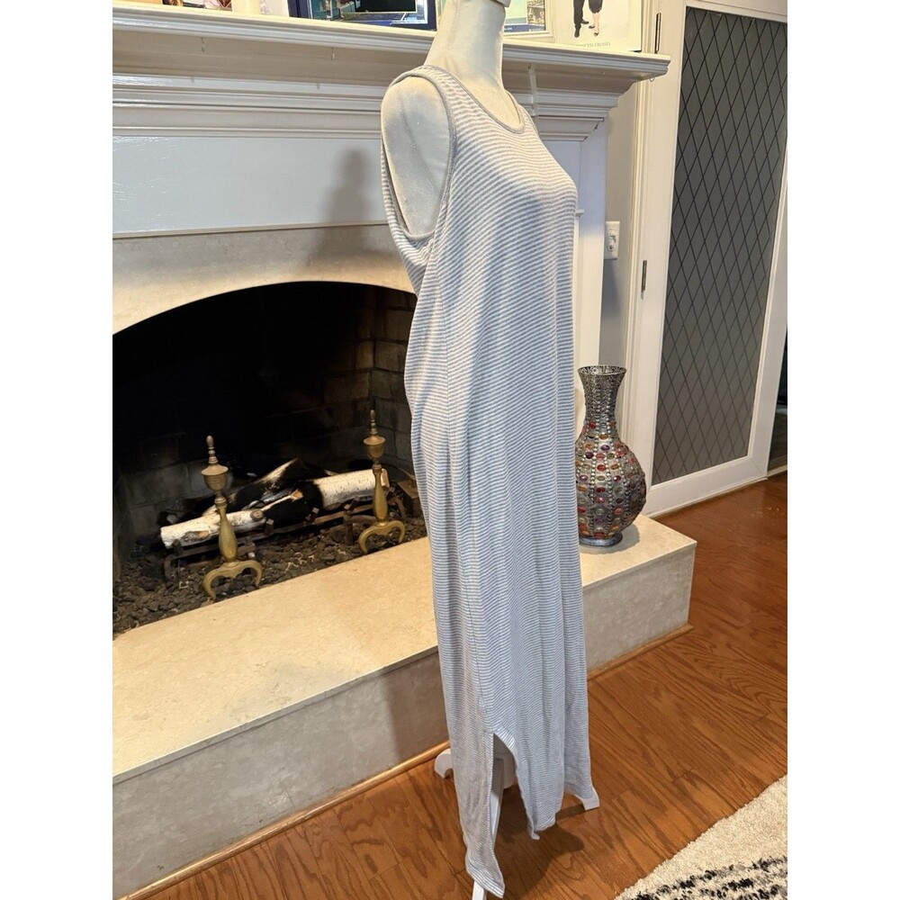 Zenergy Chicos Women's Dress Sz Med  Sleeveless Maxi Aqua Stripes Ankle Slits - Picture 3 of 4